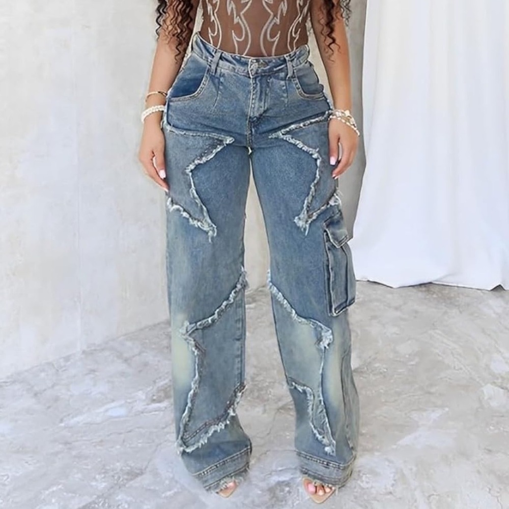 High-Rise Frayed Star Print Jeans.
